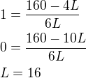 $1=\frac{160-4L}{6L}\nl 0=\frac{160-10L}{6L}\nl L=16$