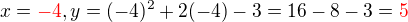 $x=\color{red}-4\color{black}, y=(-4)^2+2(-4)-3=16-8-3=\color{red}5$
