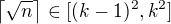 $\left\lceil \sqrt{n} \right\rceil \in [(k-1)^2,k^2]$