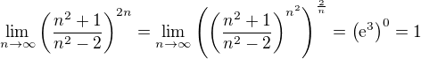 $\lim_{n\to \infty}{\left(\frac{n^2 + 1}{n^2 - 2}\right)^{2n}}=\lim_{n\to \infty}{\left(\left(\frac{n^2 + 1}{n^2 - 2}\right)^{n^2}\right)^{\frac{2}{n}}}=\left(\mathrm{e}^3\right)^0=1$