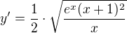 kopírovat do textarea $y'=\frac12 \cdot \sqrt{\frac{e^x (x+1)^2}{x}}$