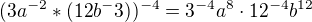$(3a^{-2}*(12b^-3))^{-4}=3^{-4}a^{8}\cdot{12^{-4}b^{12}}$