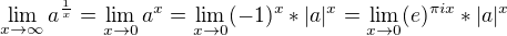$\lim_{x\to\infty } a^{\frac{1}{x}} = \lim_{x\to0 } a^{x} = \lim_{x\to0 } (-1)^{x}*|a|^{x} = \lim_{x\to0 } (e)^{\pi ix}*|a|^{x} $