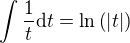 $\int{\frac{1}{t}\mathrm{d}t}=\ln{\(\left|t\right|\)}$