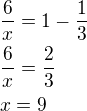 kopírovat do textarea $\frac{6}{x}=1-\frac{1}{3}\nl\frac{6}{x}=\frac{2}{3}\nlx=9$