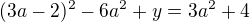 $(3a-2)^{2}-6a^{2}+y=3a^{2}+4$