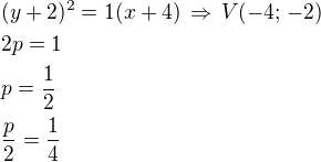 $(y+2)^2=1(x+4)\,\Rightarrow\,V(-4;\,-2)\nl2p=1\nlp=\frac 12\nl\frac p2=\frac 14$