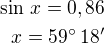 kopírovat do textarea $\sin\,x=0,86\\x=59^\circ\,18'$