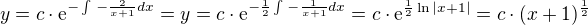 kopírovat do textarea $y=c\cdot\mathrm{e}^{-\int_{}^{}-\frac{2}{x+1}dx}=y=c\cdot\mathrm{e}^{-\frac{1}{2}\int_{}^{}-\frac{1}{x+1}dx}=c\cdot \mathrm{e}^{\frac{1}{2}\ln |x+1|}=c\cdot (x+1)^{\frac{1}{2}}$