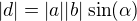 $|d| =|a||b|\sin(\alpha)$