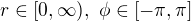 $r\in[0,\infty),\ \phi\in[-\pi,\pi]$