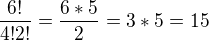 $\frac{6!}{4! 2!} =\frac{6*5}{2}= 3*5=15$