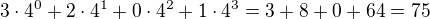 $3\cdot 4^0+2\cdot 4^1+0\cdot 4^2+1 \cdot 4^3=3+8+0+64=75$