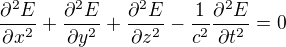 kopírovat do textarea $\frac{\partial^2 E}{\partial x^2}+\frac{\partial^2 E}{\partial y^2}+\frac{\partial^2 E}{\partial z^2} - \frac{1}{c^2} \frac{\partial^2 E}{\partial t^2} = 0$