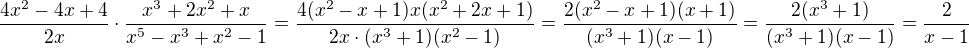 $\frac{4x^2-4x+4}{2x}\cdot\frac{x^3+2x^2+x}{x^5-x^3+x^2-1}=\frac{4(x^2-x+1)x(x^2+2x+1)}{2x\cdot (x^3+1)(x^2-1)}=\frac{2(x^2-x+1)(x+1)}{(x^3+1)(x-1)}=\frac{2(x^3+1)}{(x^3+1)(x-1)}=\frac{2}{x-1}$