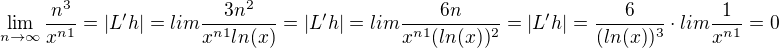 $\lim_{n\to\infty } \frac{n^3}{x^{n 1}}=|L'h|=lim\frac{3n^2}{x^{n 1}ln(x)}=|L'h|=lim \frac{6n}{x^{n 1}(ln(x))^2}=|L'h|= \frac{6}{(ln(x))^3}\cdot lim \frac{1}{x^{n 1}}=0$