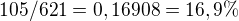 $105/621=0,16908 = 16,9\% $