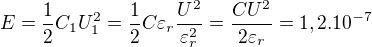 $E=\frac12 C_1U_1^2=\frac12 C\varepsilon_r\frac{U^2}{\varepsilon_r^2}=\frac{CU^2}{2\varepsilon_r}=1,2.10^{-7}$
