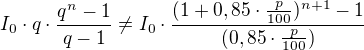 $I_{0}\cdot q\cdot \frac{q^{n}-1}{q-1} \neq I_{0}\cdot\frac{(1+0,85\cdot\frac{p}{100})^{n+1}-1}{(0,85\cdot\frac{p}{100})}$