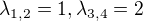 $\lambda_{1, 2}=1, \lambda_{3, 4}=2$