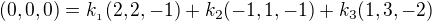 $(0,0,0)=k_{_{1}}(2,2,-1)+k_{2}(-1,1,-1)+k_{3}(1,3,-2)$