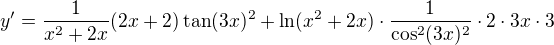 $y' = \frac{1}{x^2+2x}(2x+2) \tan (3x)^2 + \ln (x^2+2x)\cdot \frac{1}{\cos^2 (3x)^2} \cdot 2 \cdot 3x \cdot 3$