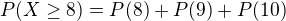 $P(X\geq 8)=P(8)+P(9)+P(10)$