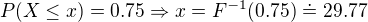 $P(X \le x) = 0.75 \Rightarrow x = F^{-1}(0.75)\doteq 29.77$