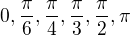 $0,\frac{\pi}{6},\frac{\pi}{4},\frac{\pi}{3},\frac{\pi}{2},\pi$