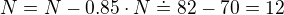 $N=N-0.85\cdot N\doteq 82-70=12$
