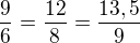 $\frac{9}{6}=\frac{12}{8}=\frac{13,5}{9}$