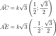 kopírovat do textarea $\vec{AC}=k\sqrt{3}\(\frac{1}{2};\frac{\sqrt{3}}{2}\)\nl\vec{AE}=k\sqrt{3}\(-\frac{1}{2};\frac{\sqrt{3}}{2}\)$