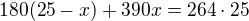 $180(25-x)+390x=264\cdot 25$