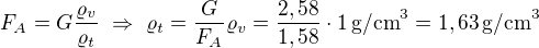 $F_A=G\frac{\varrho_v}{\varrho_t}\ \Rightarrow\ \varrho_t=\frac G{F_A}\varrho_v=\frac{2,58}{1,58}\cdot1\,\mbox{g/cm}^3=1,63\,\mbox{g/cm}^3$