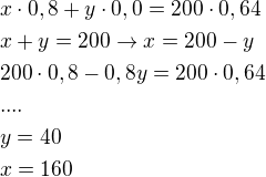 $x\cdot 0,8+y\cdot 0,0=200\cdot 0,64\nlx+y=200 \rightarrow x=200-y\nl200\cdot 0,8-0,8y=200\cdot 0,64\nl....\nly=40\nlx=160$