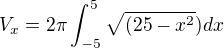 $V_{x}=2\pi \int_{-5}^{5}\sqrt{(25-x^{2}})dx$
