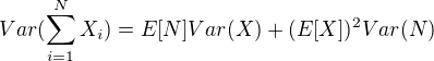 $Var(\sum_{i = 1}^{N}X_i) = E[N]Var(X) + (E[X])^2Var(N)$