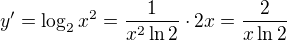 kopírovat do textarea $y'=\log_{2}x^2=\frac{1}{x^2\ln 2}\cdot2x=\frac{2}{x\ln 2}$