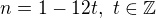 $n=1-12t,\ t\in \mathbb Z$