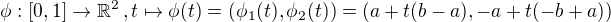 $\phi:[0,1] \rightarrow \mathbb{R}^2 \, , t \mapsto \phi(t) = (\phi_{1}(t),\phi_{2}(t)) = (a+t(b-a),-a+t(-b+a))$
