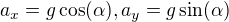 $a_x = g \cos(\alpha), a_y=g \sin(\alpha)$