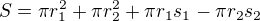 $S = \pi r_1^2 + \pi r_2^2 + \pi r_1 s_1 - \pi r_2 s_2$
