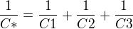 $\frac{1}{C*}=\frac{1}{C1}+\frac{1}{C2}+\frac{1}{C3}$