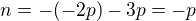 $n=-(-2p)-3p=-p$