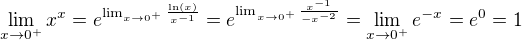 $\lim_{x \to 0^+} x^x=e^{\lim_{x \to 0^+} \frac{\ln(x)}{x^{-1}}}=e^{\lim_{x \to 0^+} \frac{x^{-1}}{-x^{-2}}}=\lim_{x \to 0^+}e^{ -x}=e^0=1$
