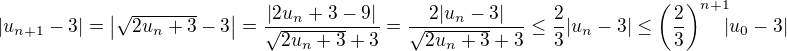 $|u_{n+1}-3| = \left|\sqrt{2u_n+3}-3\right| = \frac{|2u_n+3-9|}{\sqrt{2u_n+3}+3} = \frac{2|u_n-3|}{\sqrt{2u_n+3}+3} \leq \frac{2}{3}|u_n-3| \leq \left(\frac{2}{3}\right)^{n+1}\!\!\!|u_0-3|$
