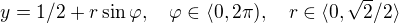 $y = 1/2 + r \sin \varphi, \quad \varphi \in \langle0,2\pi),\quad r \in \langle 0,\sqrt{2}/2\rangle$