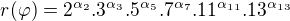 $r(\varphi)=2^{\alpha_{2}}.3^{\alpha_{3}}.5^{\alpha_{5}}.7^{\alpha_{7}}.11^{\alpha_{11}}.13^{\alpha_{13}}$