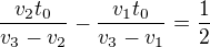 kopírovat do textarea $\frac{v_2t_0}{v_3-v_2}-\frac{v_1t_0}{v_3-v_1}=\frac12$