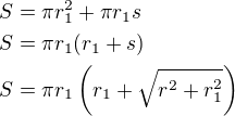 kopírovat do textarea $S=\pi r_1^2+\pi r_1 s\nlS=\pi r_1(r_1+s)\nlS=\pi r_1\left(r_1+\sqrt{r^2+r_1^2}\right)$